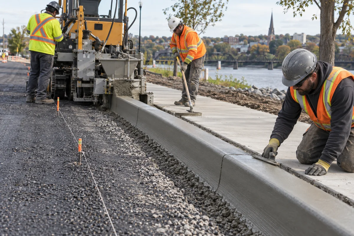 Commercial Curbs and Sidewalks active worksite overview in Fredericton